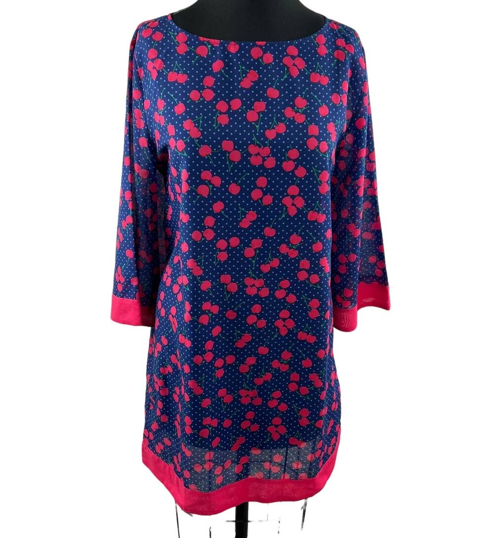 TALBOTS Blue Red Cherry Print Boat Neck 3/4 Sleeve Shift Dress Swim Cover Up M